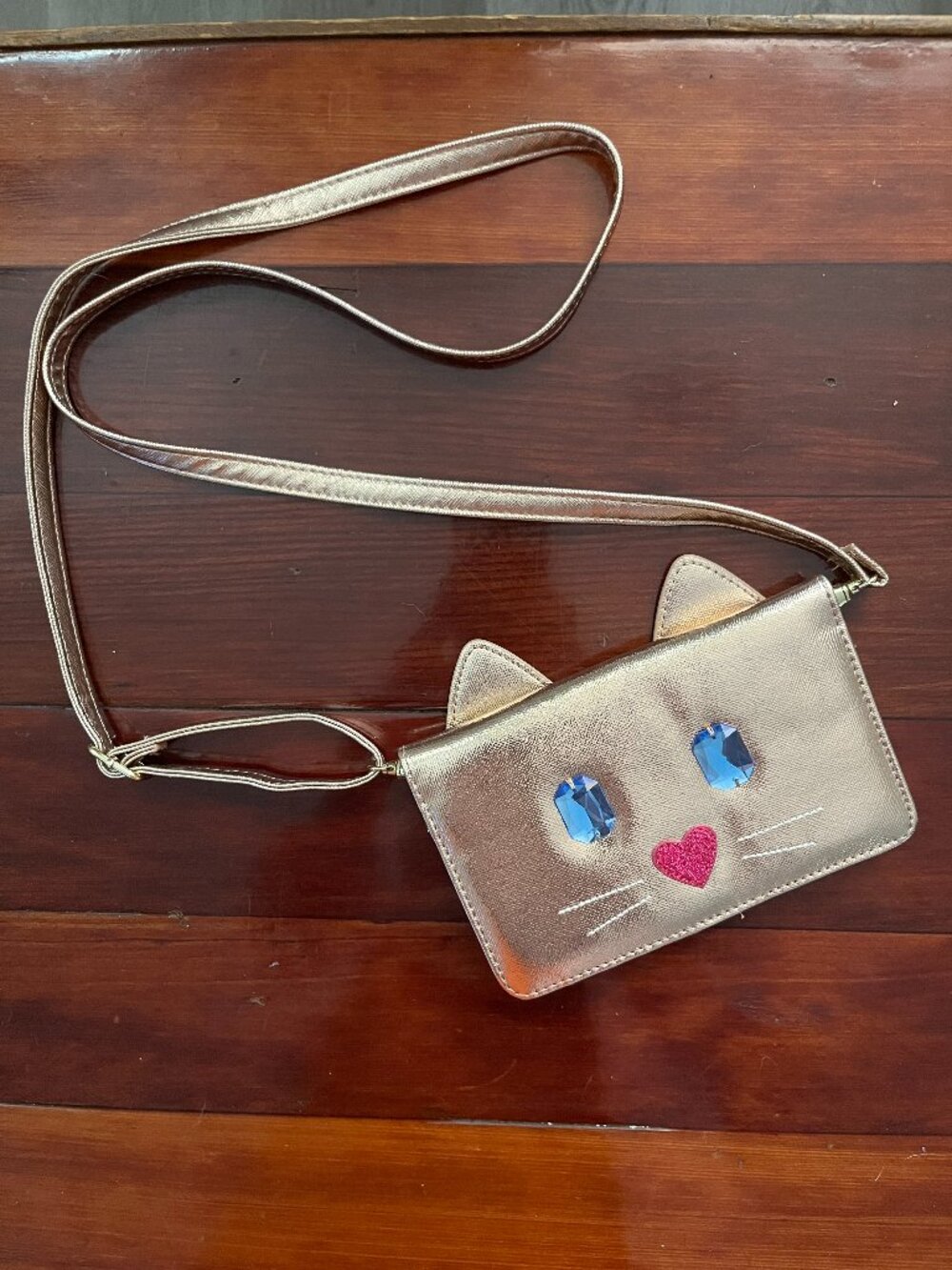 Share Luv Betsey Johnson Rose Gold Metallic Cat Crossbody Wallet on String Purse